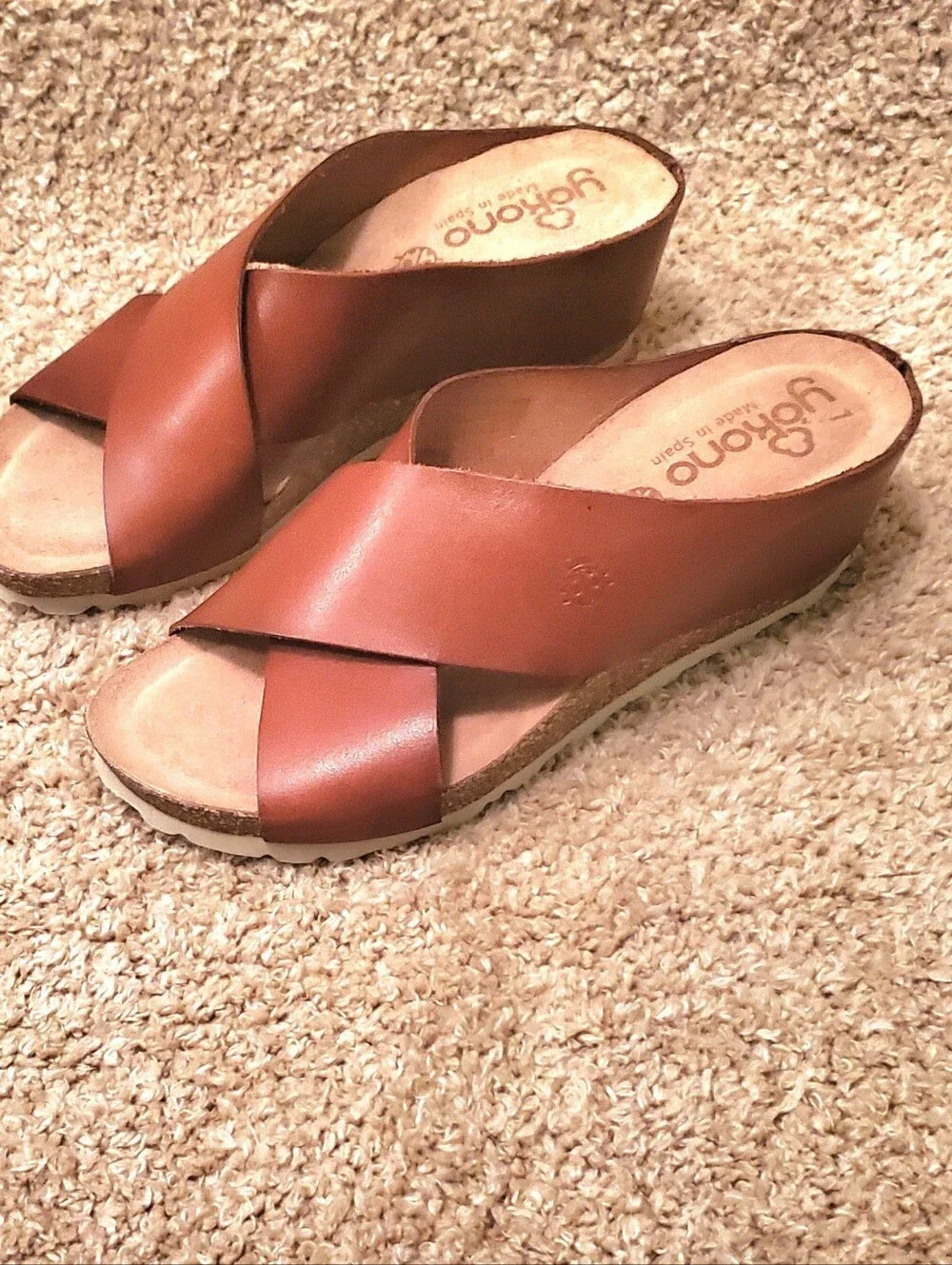 Yokono Women's Leather Criss-cross Tan Wedge Sandals. Size 7.5 Made In Spain